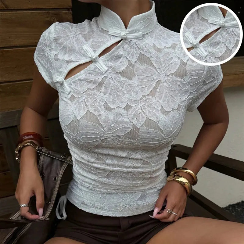 Spitzen Cheongsam-Top mit Stehkragen - JWANOFFIZIELL