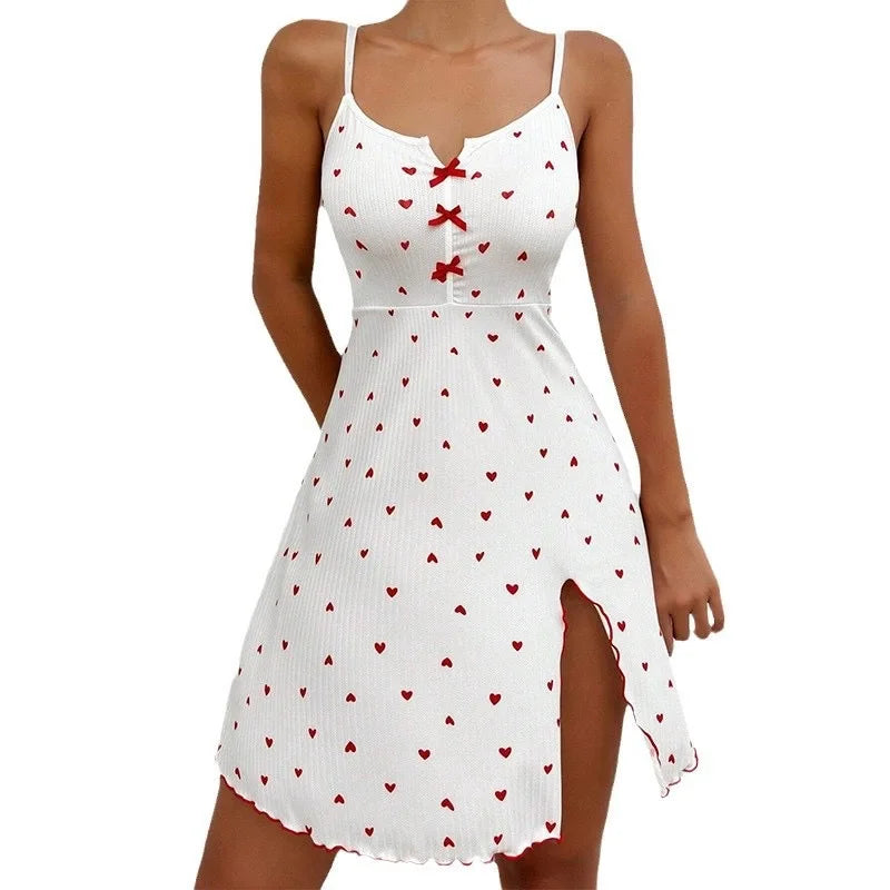 Damen Herzdruck Rippstrick Slip-Kleid Spaghetti-Träger Nachtwäsche