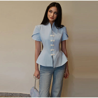 China-Style Kurzarm-Blazer Damen – Stehkragen mit Froschknöpfen