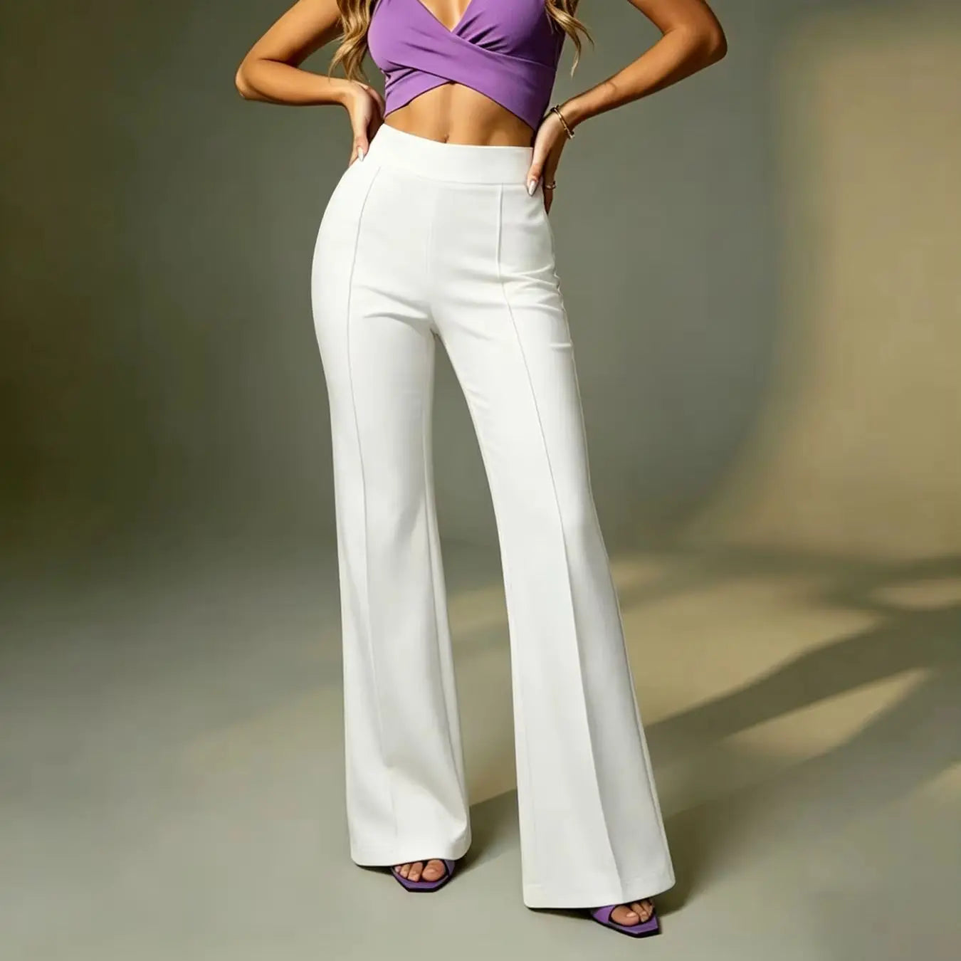 High-Waist Wide-Leg-Hose Damen Weiß – Yoga Fitness Elegant Casual Alltag