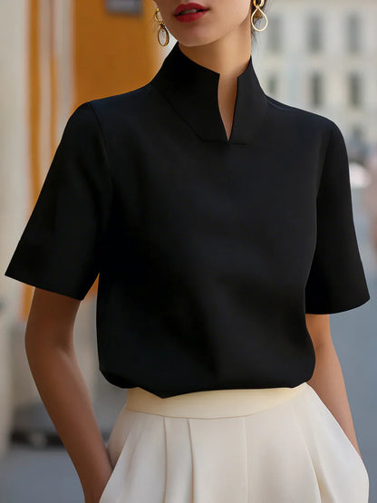 Elegante Kurzarm-Bluse mit Stehkragen & Geteiltem Ausschnitt – Business Office Top