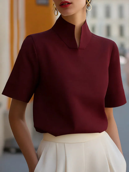 Elegante Kurzarm-Bluse mit Stehkragen & Geteiltem Ausschnitt – Business Office Top