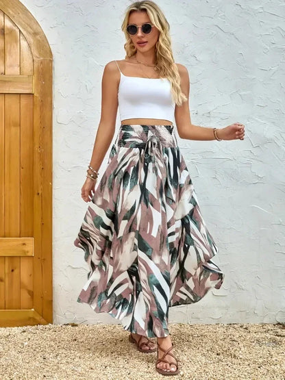 Damen Boho Maxi Rock mit Print Hoher Bund Strandrock