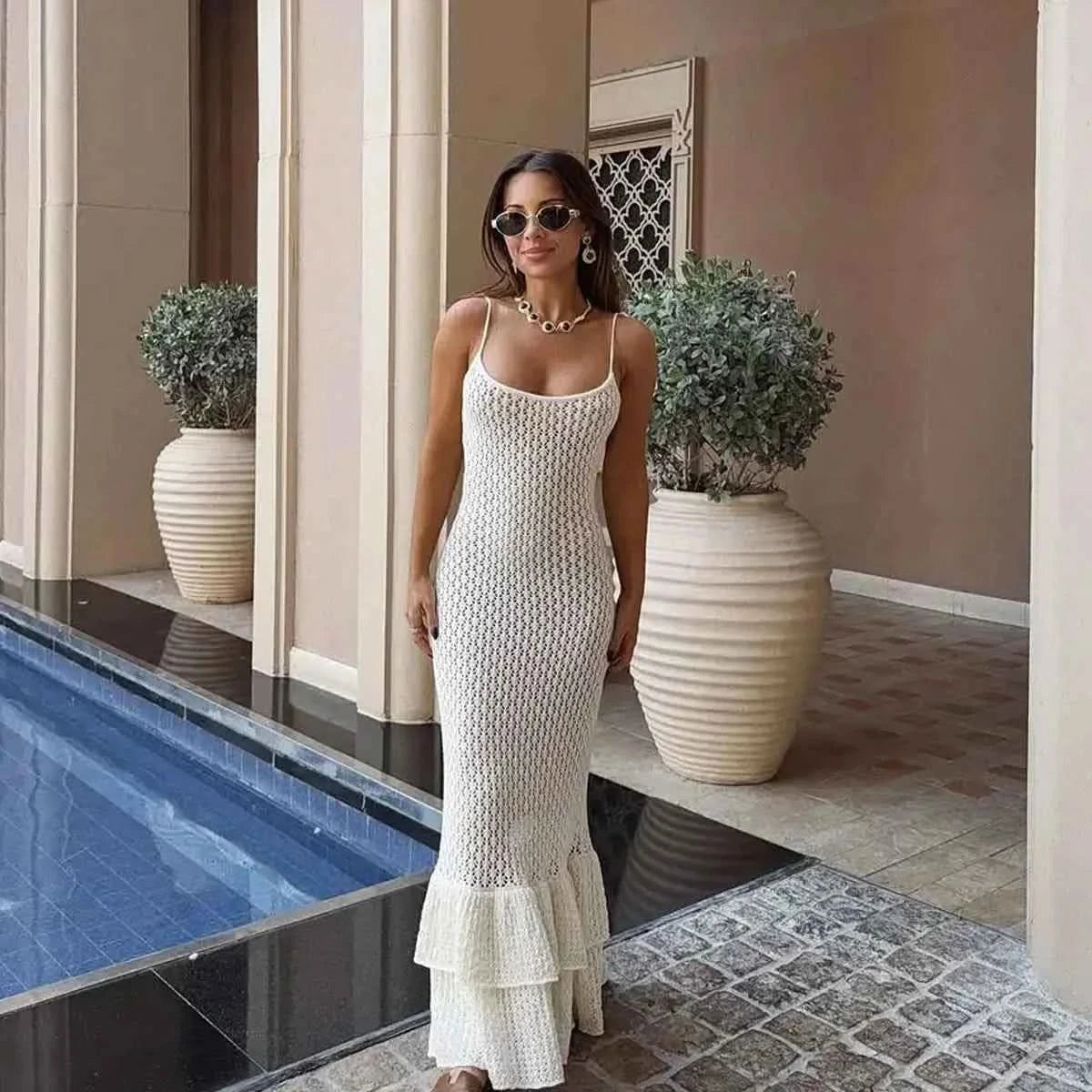 Fashion Style Pool Party Knit Bikini Cover Up Solid Color Double Flounces Slip Dress Sexy Hollow out Beachwear Tie Up Cover-ups