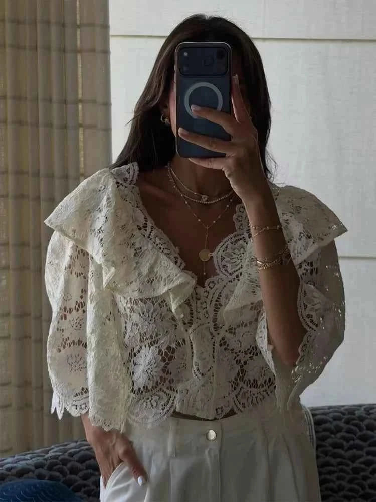 TFMLN Women's French Lace Blouses Ruffle Edge Design Hollow Out Casual Blouse Fashion V-neck Elegant Thin Commuting Top Female