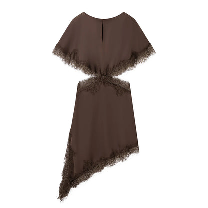 Elegantes Satin-Kleid Damen – Asymmetrischer Saum mit Spitze & Hollow-Out Taille