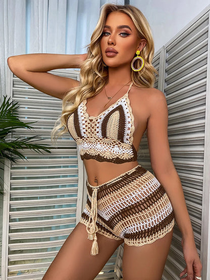 Gehäkeltes Bikini-Set Damen – Off-Shoulder Regenbogen-Streifen Bademode Strand