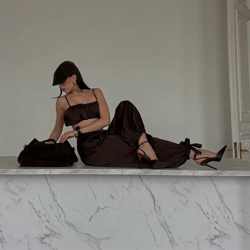 Satin-Zweiteiler Damen – Plissiertes Crop-Top & Weite Hose Elegant Party