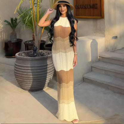Halter-Strandkleid Damen Einfarbig – Rückenfrei Strick Figurbetonend Sommer