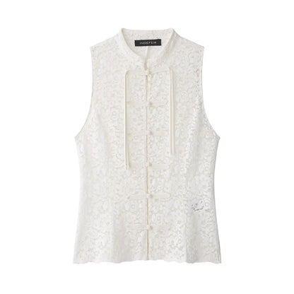 Vintage Spitzen-Top Damen – Ärmelloses Elegantes Tank Top mit Knopfleiste