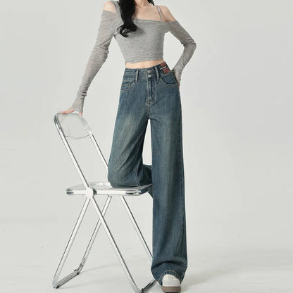 Wide-Leg-Jeans Damen – High-Waist Straight Leg Casual Kontrastfarben