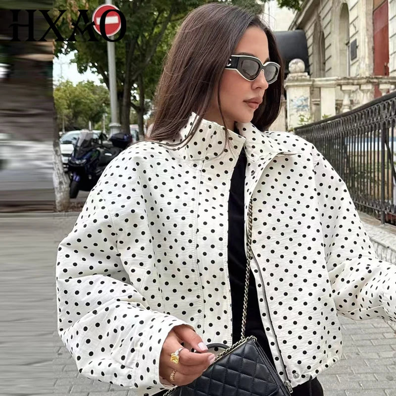 Damen Oversized Polka Dot Bomber Jacke Crop Zip-Up