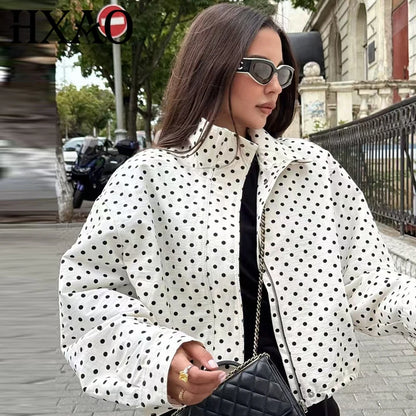 Damen Oversized Polka Dot Bomber Jacke Crop Zip-Up