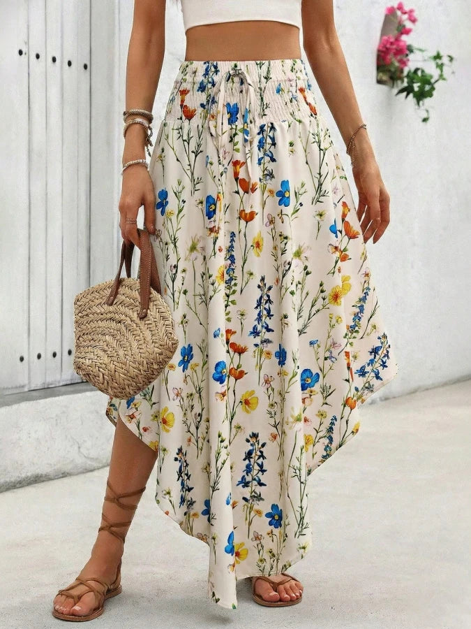 Damen Boho Maxi Rock mit Print Hoher Bund Strandrock