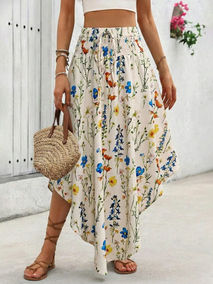 Damen Boho Maxi Rock mit Print Hoher Bund Strandrock