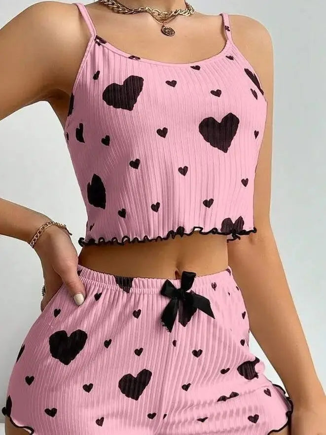 Damen Herzdruck Rippstrick Cami Top & Rüschen Shorts Schlafanzug