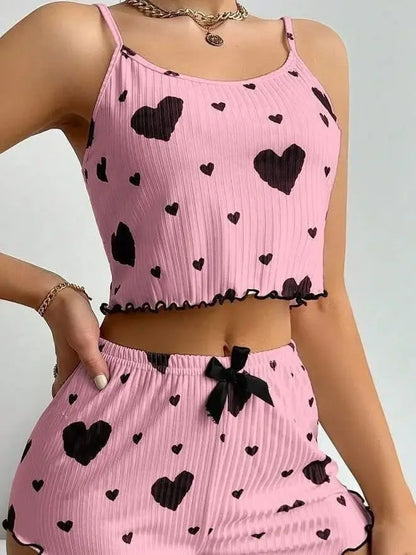 Damen Herzdruck Rippstrick Cami Top & Rüschen Shorts Schlafanzug