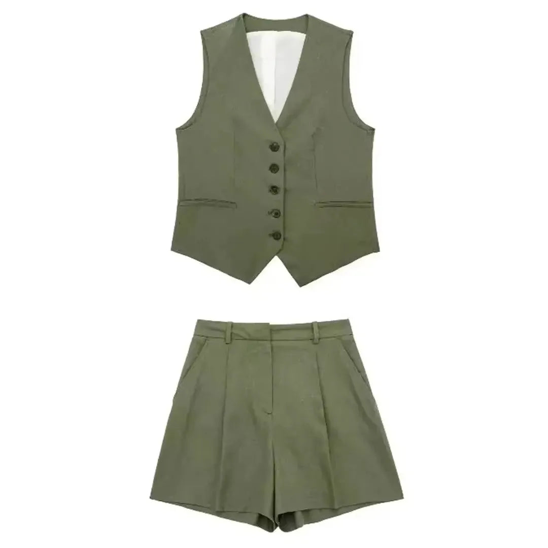 Elegantes Weste-Set Damen – V-Ausschnitt Slim Fit & Plissee-Shorts Sommer