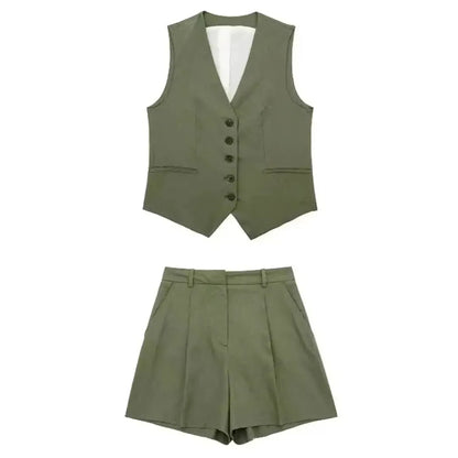 Elegantes Weste-Set Damen – V-Ausschnitt Slim Fit & Plissee-Shorts Sommer
