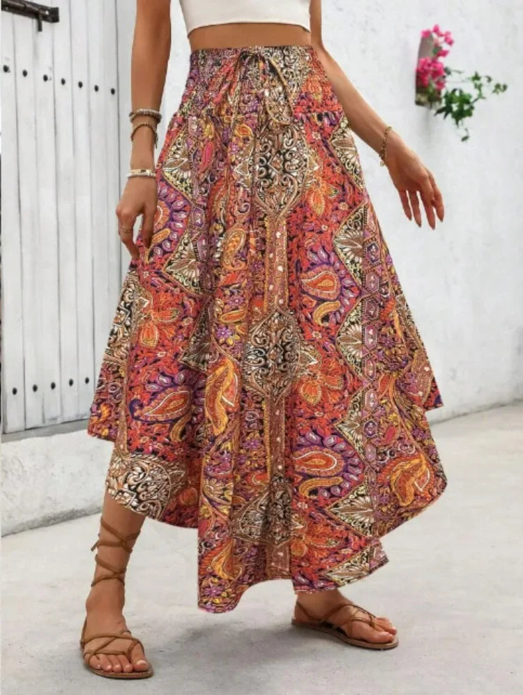 Damen Boho Maxi Rock mit Print Hoher Bund Strandrock