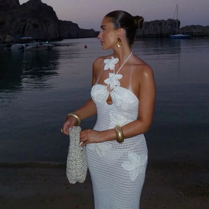 Rückenfreies Blumen-Strickkleid Damen – Slim Fit Sommer Strand Elegant