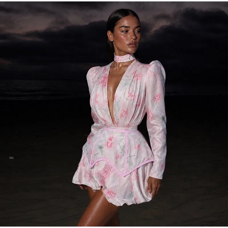 Rosen-Print Satin-Playsuit mit Rüschen - JWANOFFIZIELL