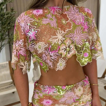 Pailletten Crop-Top & Rock Set Damen – See-Through Sommeroutfit mit Stickerei