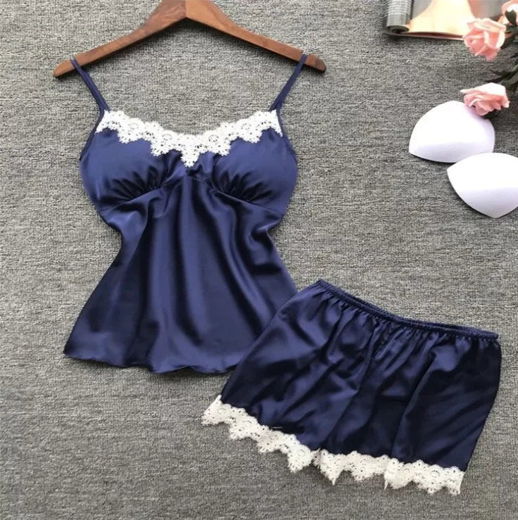 Damen Spitzen Träger Top & Shorts Homewear Set V-Ausschnitt