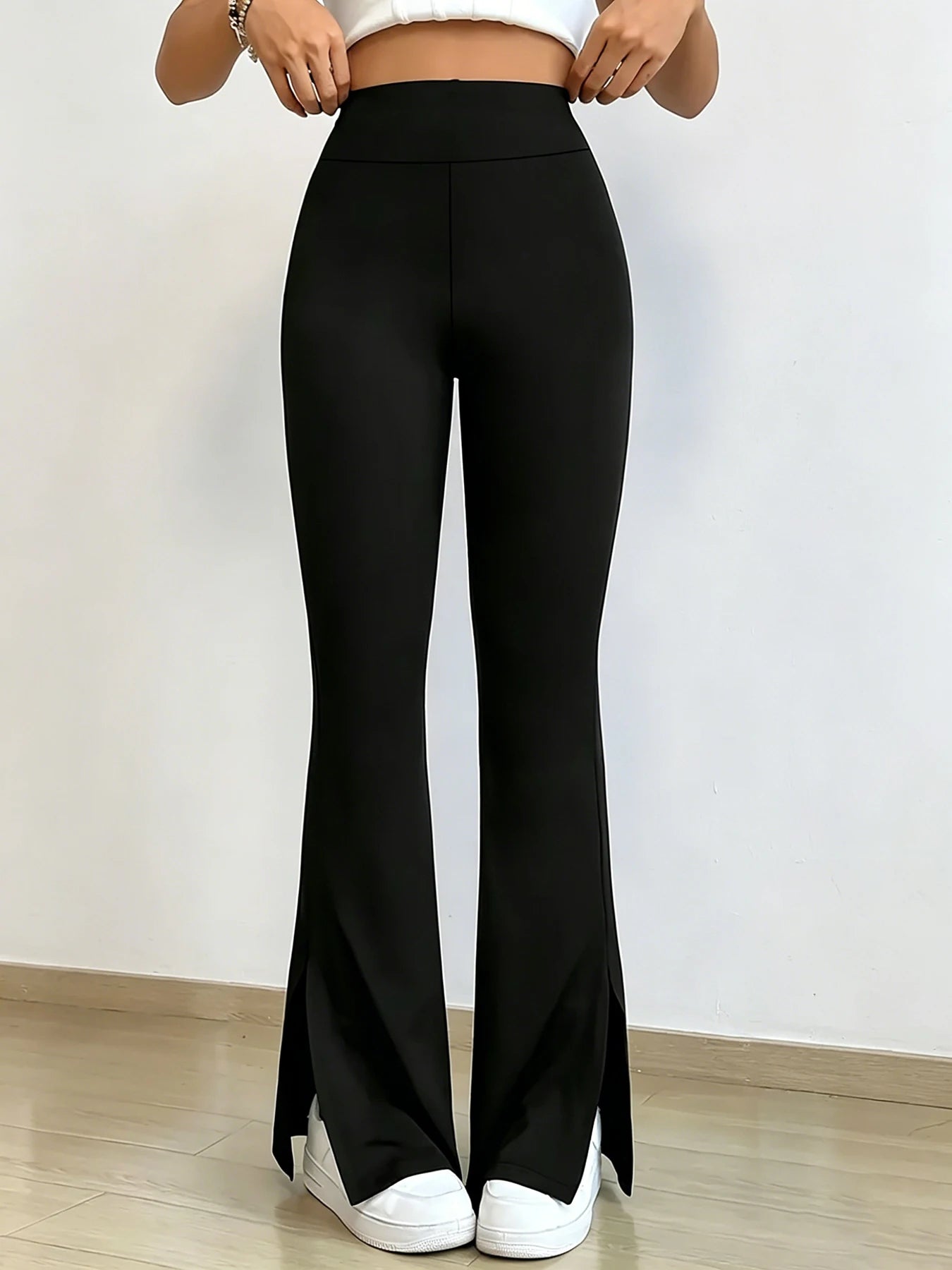 High-Waist-Yoga-Schlaghose Damen – Seitenschlitz Figurformend Breathable Streetwear