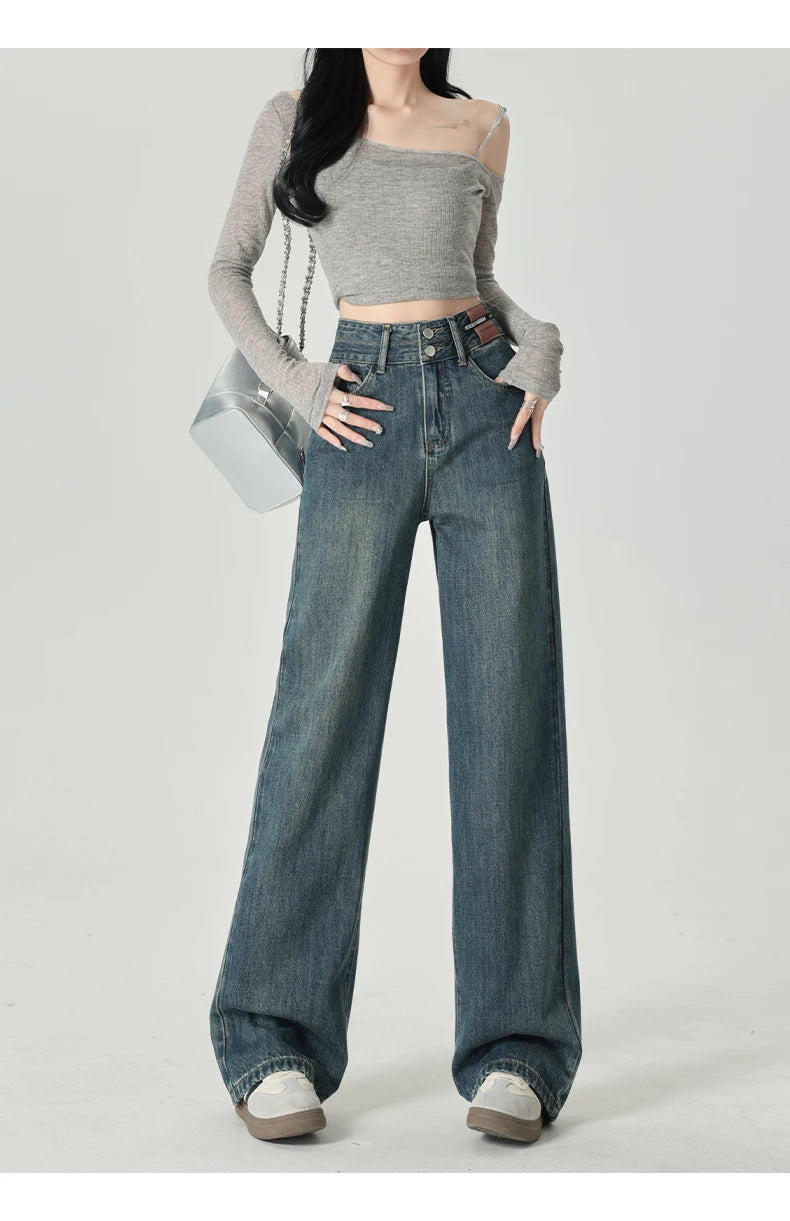 Wide-Leg-Jeans Damen – High-Waist Straight Leg Casual Kontrastfarben