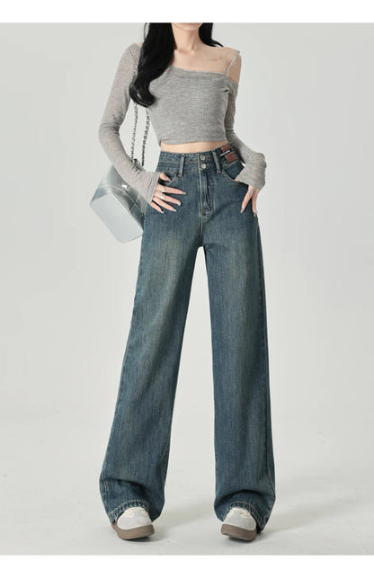 Wide-Leg-Jeans Damen – High-Waist Straight Leg Casual Kontrastfarben