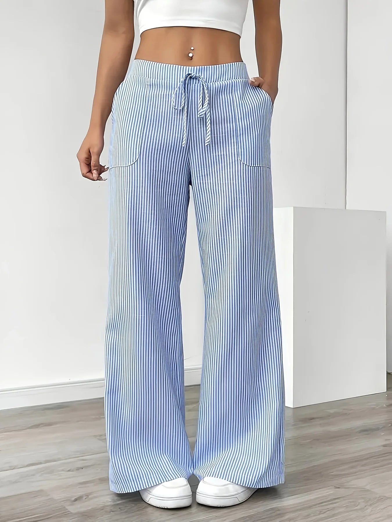 Gestreifte Casualhose Damen Blau – Taschen Sportlich Entspannt Alltag