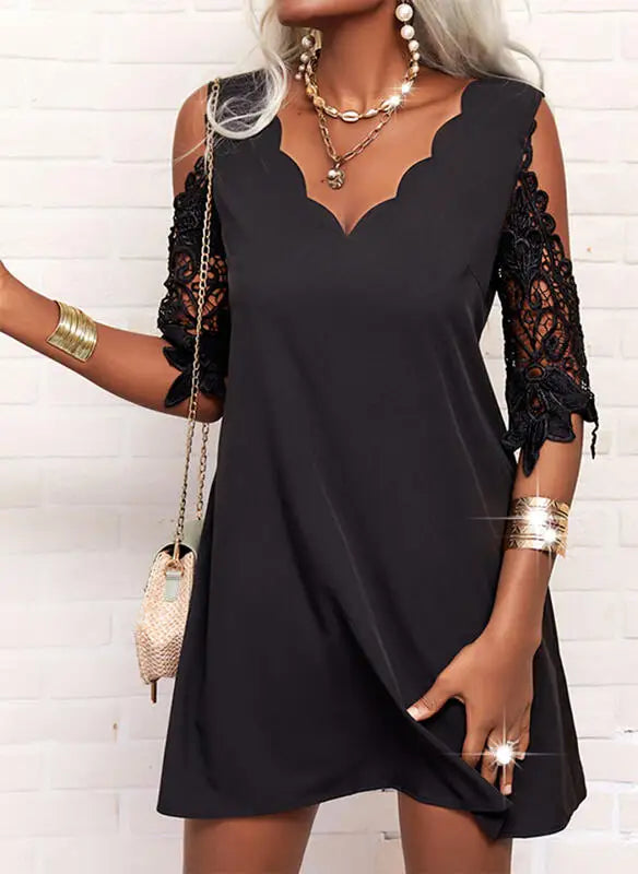 Damen Spitzenkleid mit Halbarm und weitem Saum