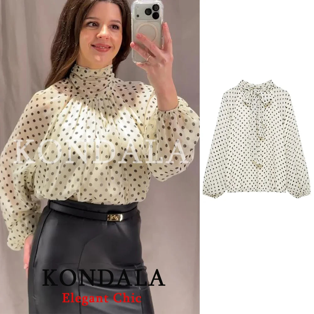 Romantische Polka-Dot-Bluse mit Schleife – Elegantes Sommerhemd mit Rundhalsausschnitt