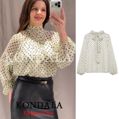 Romantische Polka-Dot-Bluse mit Schleife – Elegantes Sommerhemd mit Rundhalsausschnitt