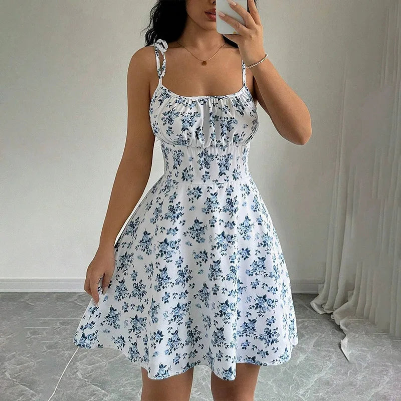 Blumen Strandkleid Damen – Kurzes Sommerkleid mit Spaghettiträgern