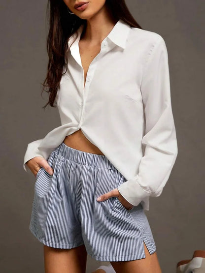 Gestreifte Loose-Shorts Damen – Elastischer Bund mit Taschen & Seitenschlitz
