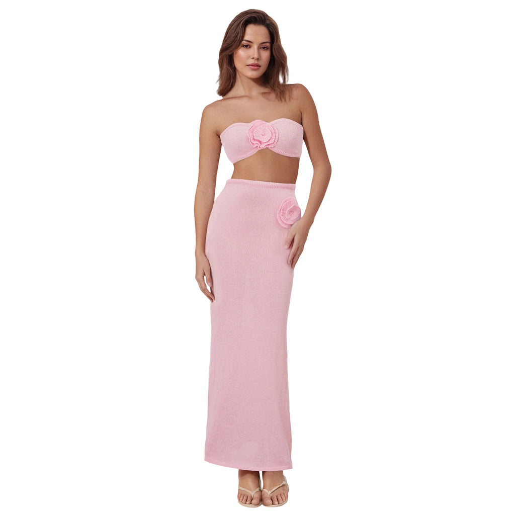 3D-Blüten Bandeau-Top & Maxirock Strick-Set - JWANOFFIZIELL