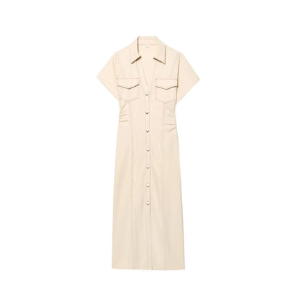 Romantisches Denim-Midi-Kleid mit V-Ausschnitt – Tailliertes Sommerkleid