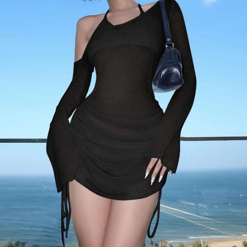 Damen rückenfreies Minikleid, transparent, zum Schnüren