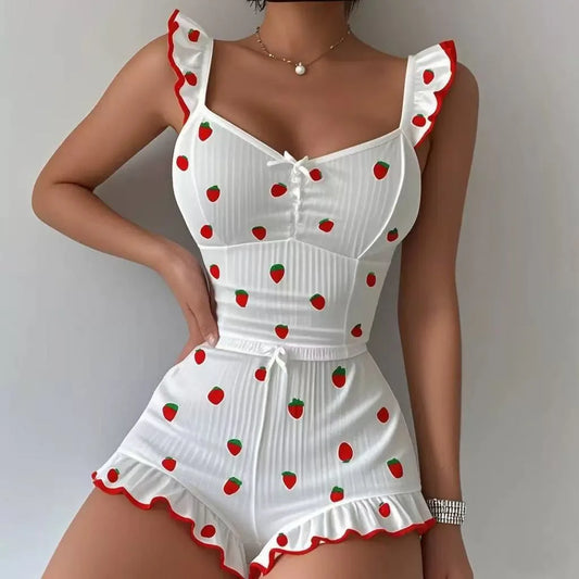 Damen Schlafanzug-Set mit Erdbeer-Print, Rüschen-Cami-Top und Shorts