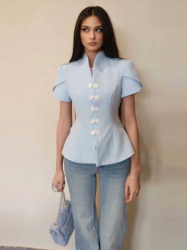 China-Style Kurzarm-Blazer Damen – Stehkragen mit Froschknöpfen