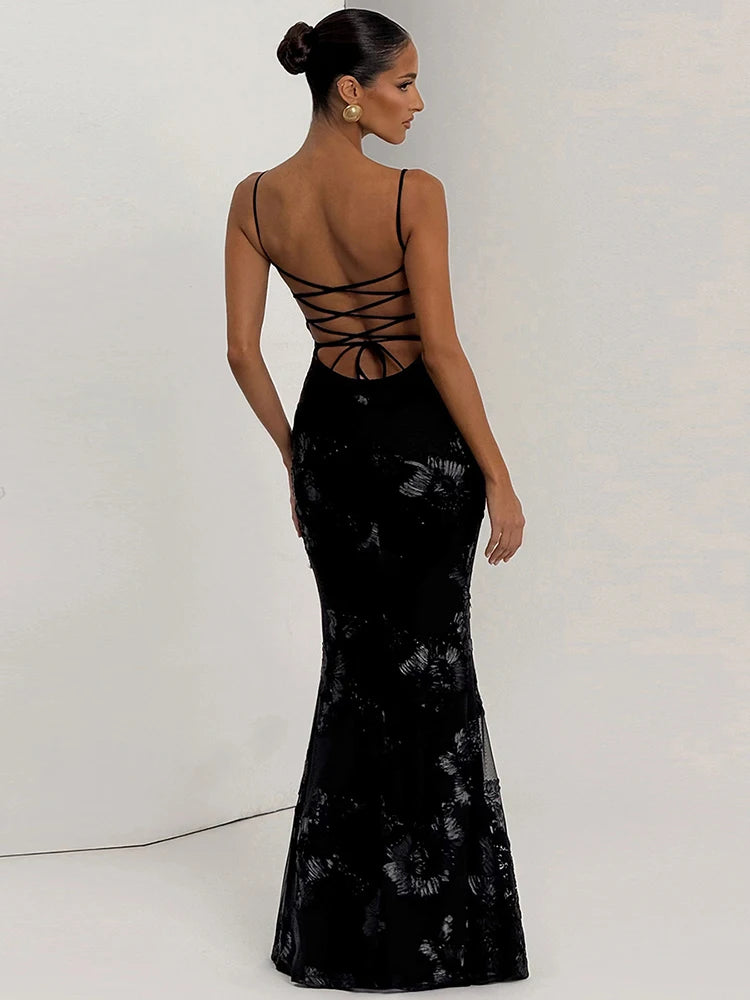 Blumen-Stickerei-Maxikleid Damen – Rückenfreies Bandage Tief-V Sommerkleid Elegant