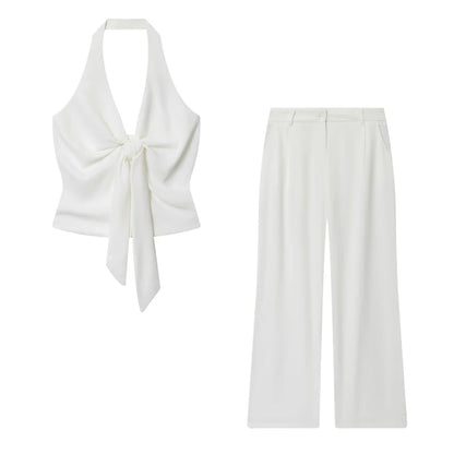 Weißes Wide-Leg Hosen-Set Damen – Lässige High-Waist Streetwear Hose mit Top