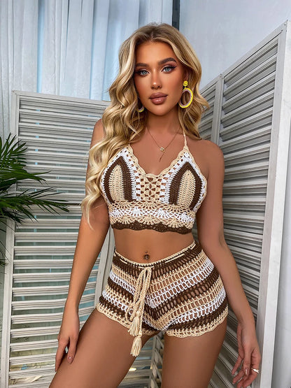 Gehäkeltes Bikini-Set Damen – Off-Shoulder Regenbogen-Streifen Bademode Strand