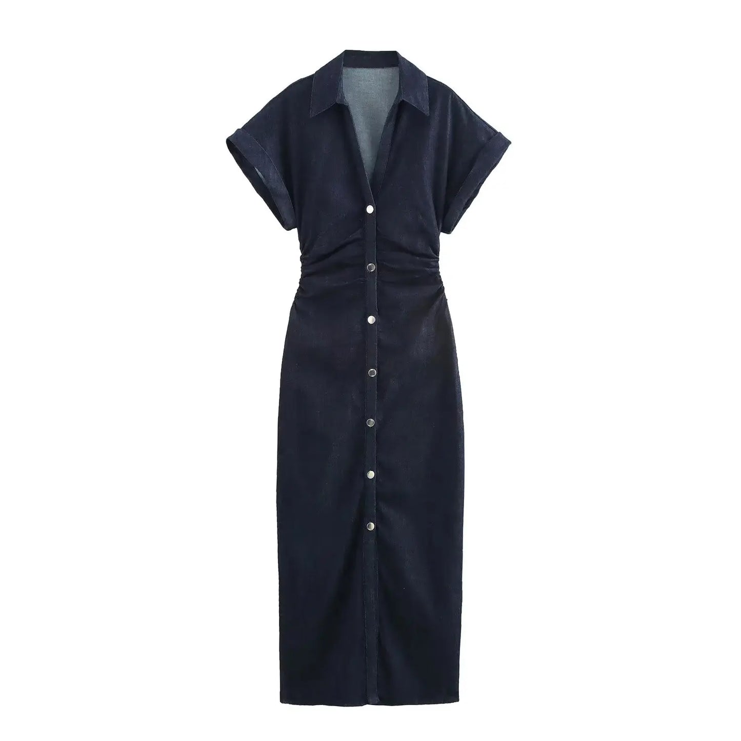 Elegantes Denim-Midi-Kleid mit Kragen & Reißverschluss – Taillierter Jeanskleid-Look