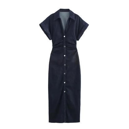 Elegantes Denim-Midi-Kleid mit Kragen & Reißverschluss – Taillierter Jeanskleid-Look