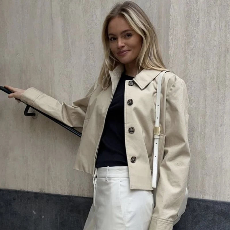 Kurzer Damen-Trenchcoat – Leichte Windbreaker-Jacke mit Knöpfen für Übergangszeit