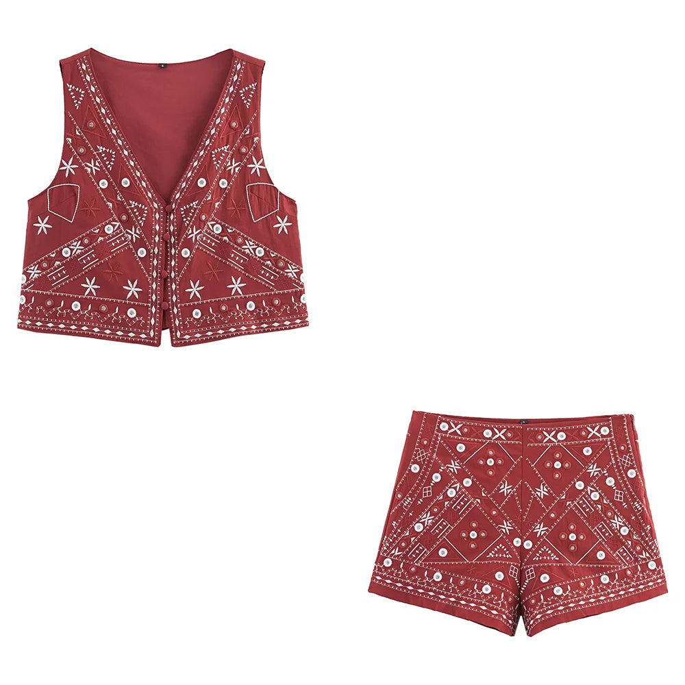 Elegantes Stickerei-Set Damen – Ärmelloser Blazer & Wide-Leg Shorts