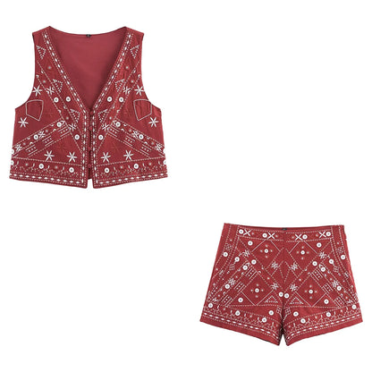 Elegantes Stickerei-Set Damen – Ärmelloser Blazer & Wide-Leg Shorts
